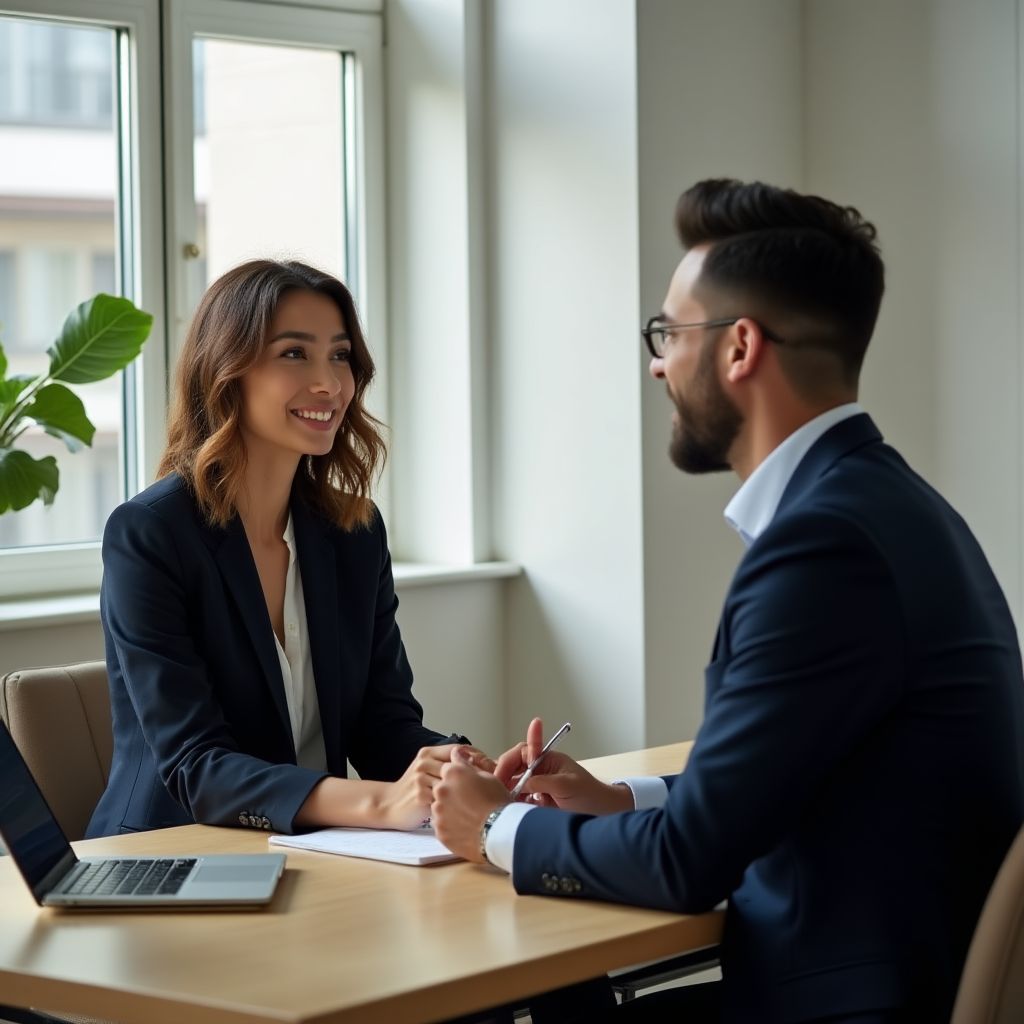 Reunión consultoría personalizada cliente asesor BIP oficina profesional